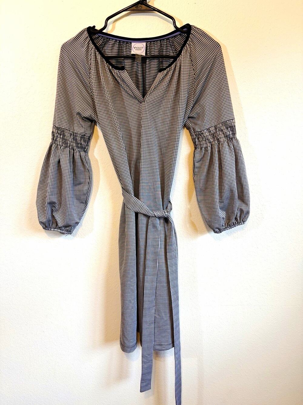 Violet Weekend Black White Gingham Wrap Dress V Neck Tie Waist Balloon Sleeve S